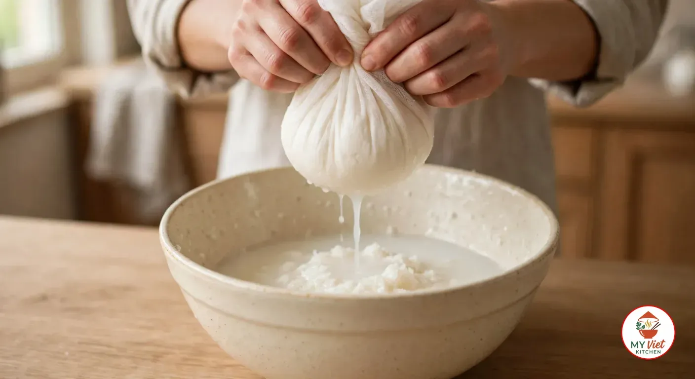 Twisting a cheesecloth bundle of fermented cassava over the ceramic bowl, squeezing a stream of milky liquid into it