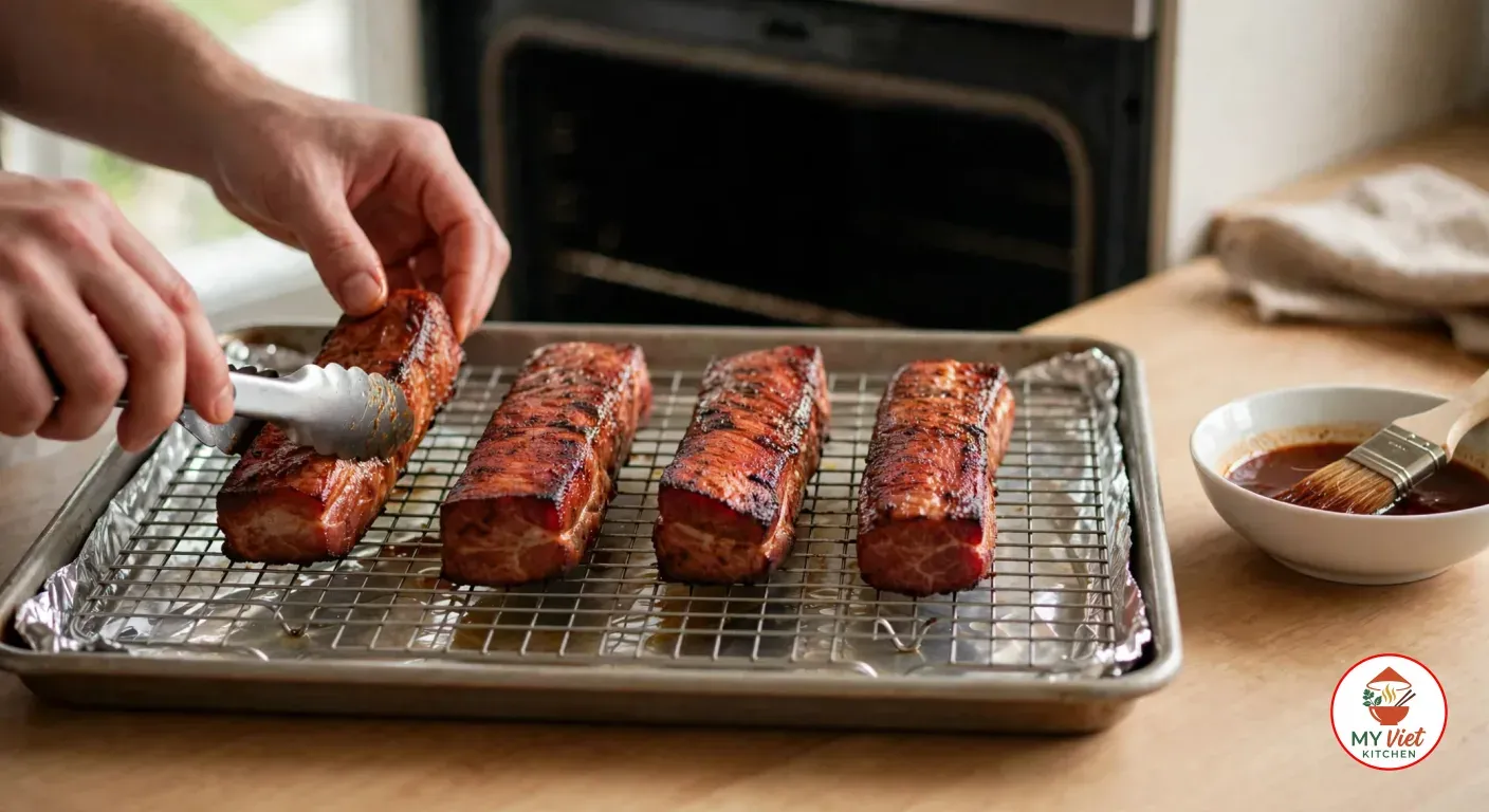 Hands turning half-roasted strips of char siu, red-brown with darkened edges, with metal tongs on a wire rack over a foil-lined baking tray in front of an open oven, beside a bowl of marinade with a pastry brush