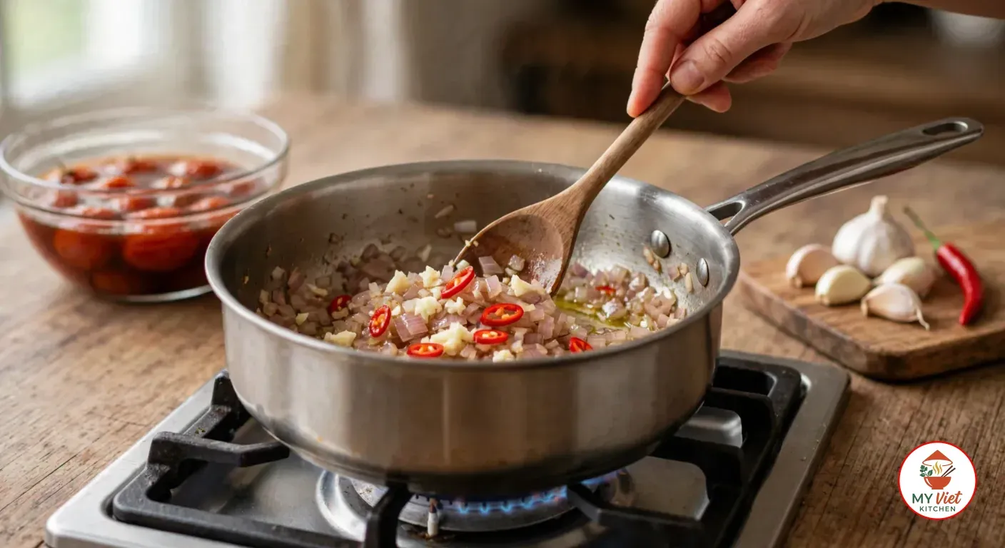 Stirring softened, translucent diced onion with minced garlic and thin rings of red chili in olive oil with a wooden spoon in a stainless steel saucepan on a gas burner, the glass bowl of soaking bush tomatoes on the wooden counter behind and garlic cloves and a red chili on a small board beside it