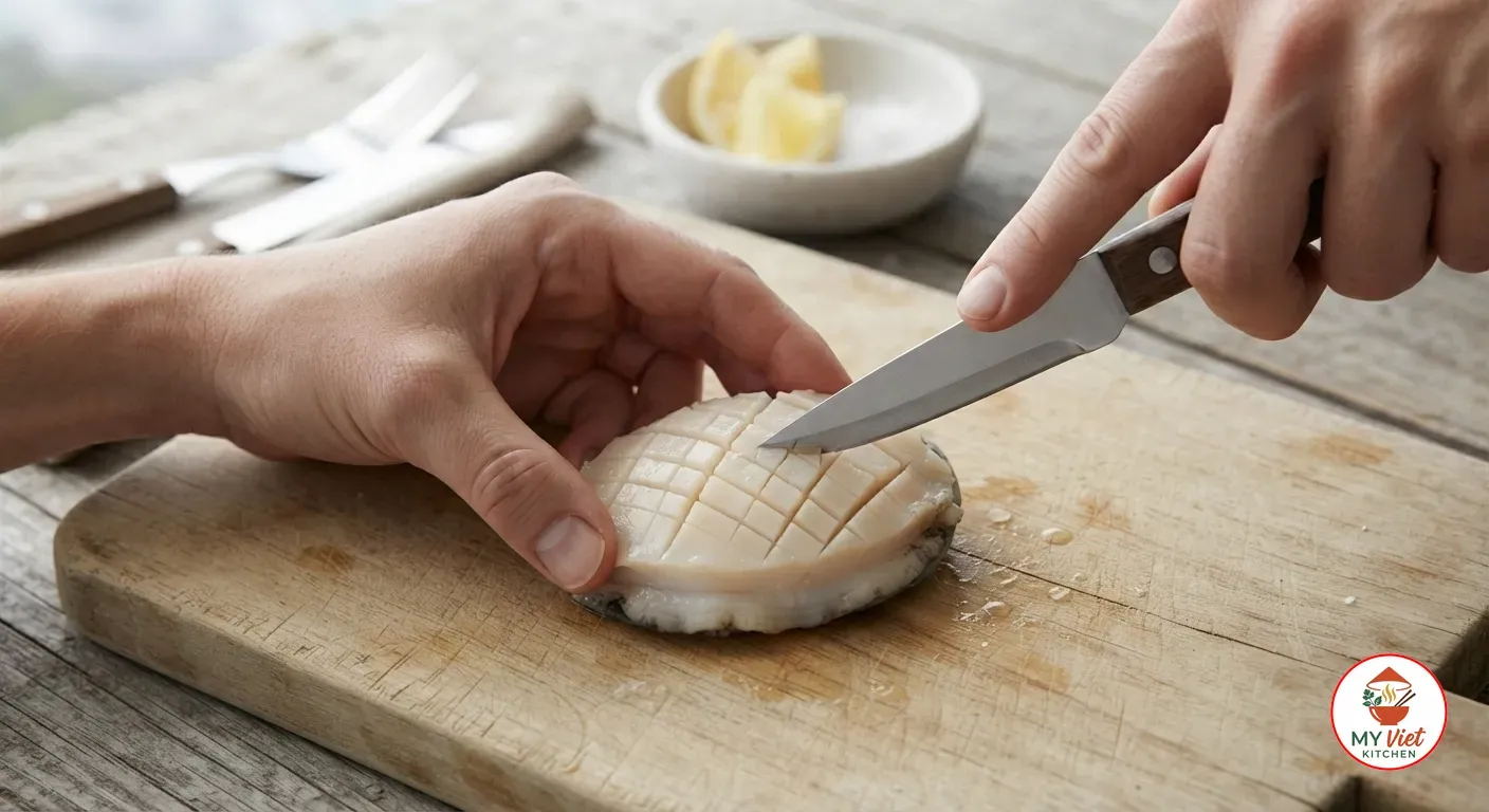 Scoring a crosshatch pattern into abalone on a wooden cutting board