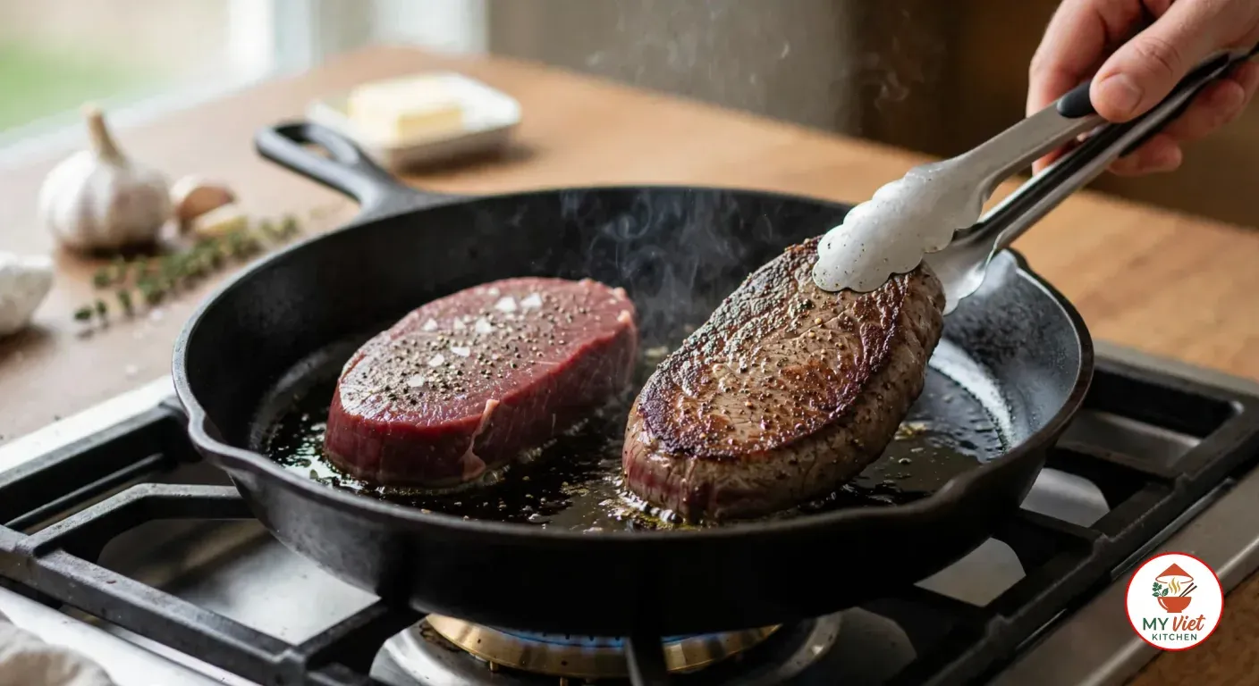 A hand turning a seared emu steak with tongs to show its brown crust, while a second steak with a raw dark-red, peppered top sears in olive oil in a black cast-iron skillet on a gas burner, butter and garlic on the counter behind