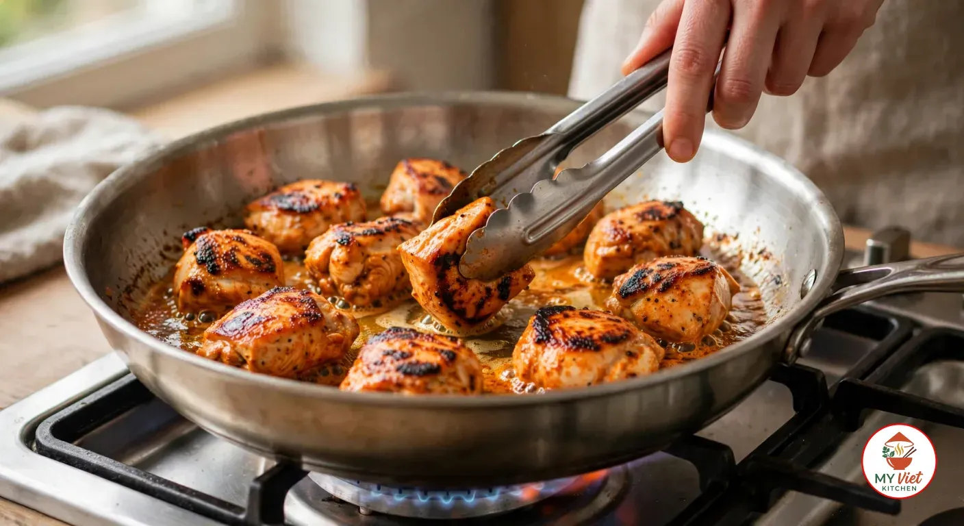 Turning a boneless chicken thigh chunk with steel tongs in a stainless steel sauté pan on a gas stove, nine more marinated pieces searing in a single layer with dark charred spots on their orange-red coating