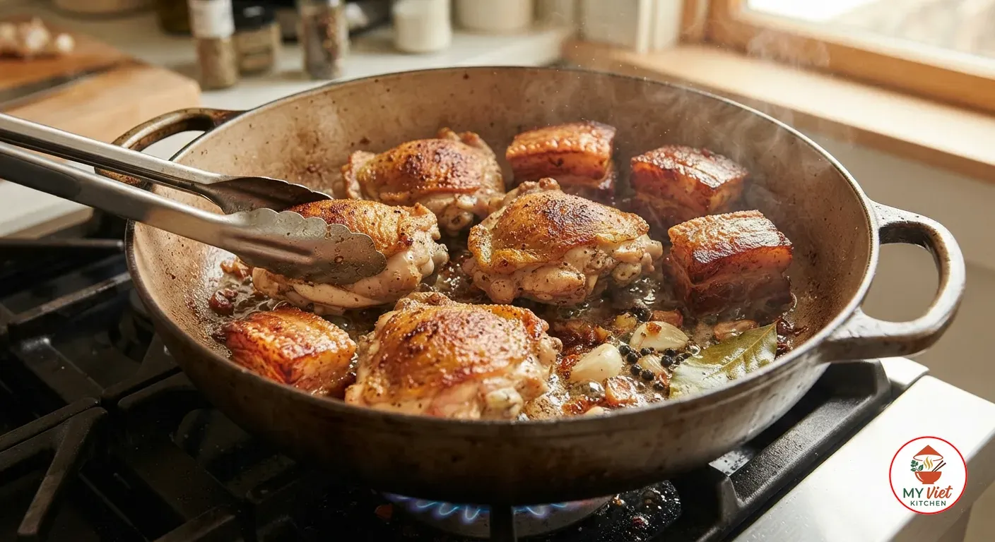 Searing chicken thighs and pork belly with tongs until golden brown in a heavy pan
