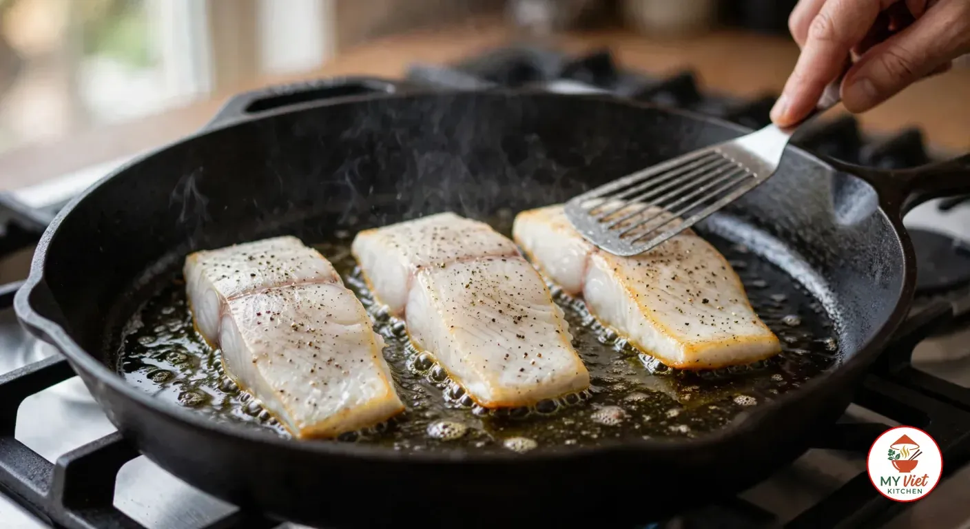 Pressing one of three barramundi fillets flat with a slotted stainless-steel fish spatula as they sear skin side down in shimmering olive oil in a black cast-iron skillet on a gas stove, a thin golden band of crisping skin at the base of each white fillet