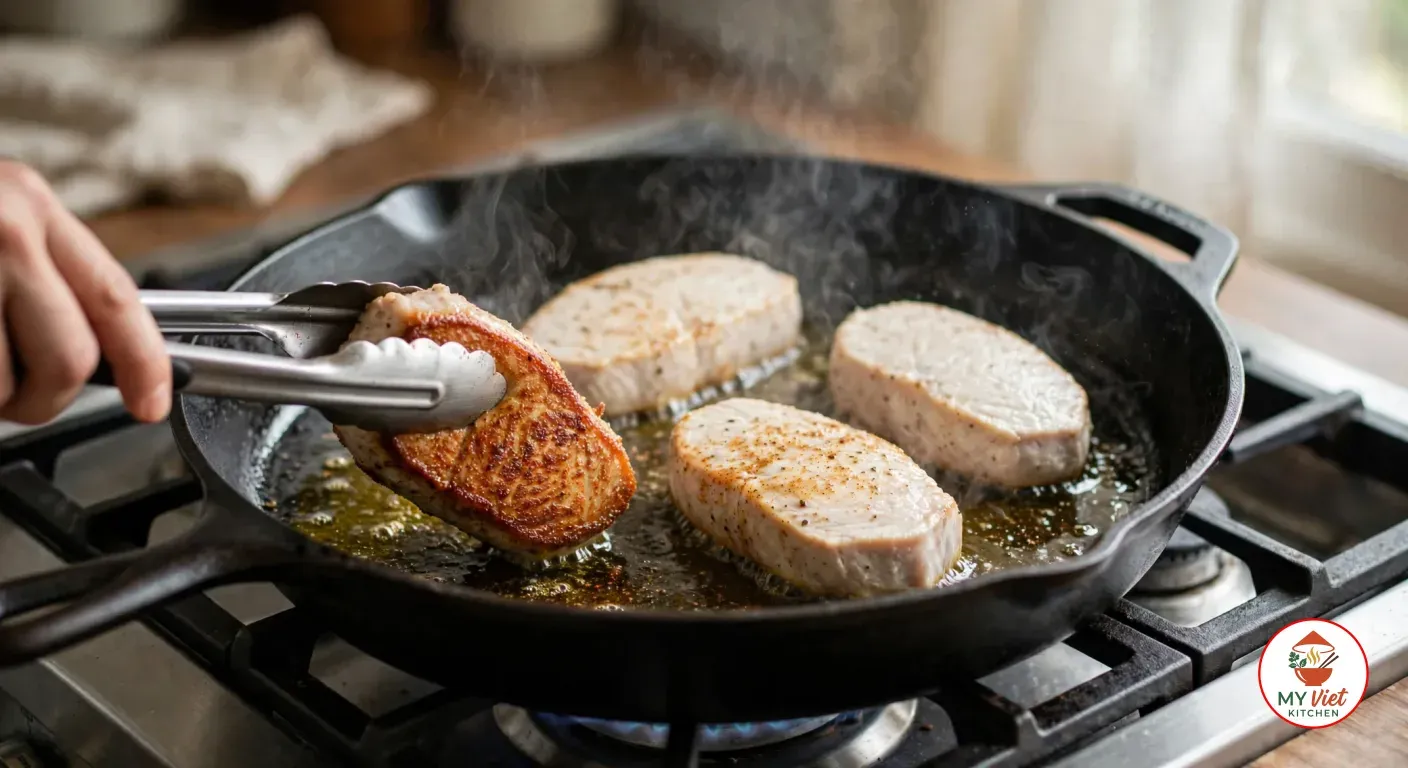 A hand turning a seasoned crocodile tail steak with metal tongs to show its golden-brown crust, three more pale steaks searing in olive oil in a black cast-iron skillet on a gas stove