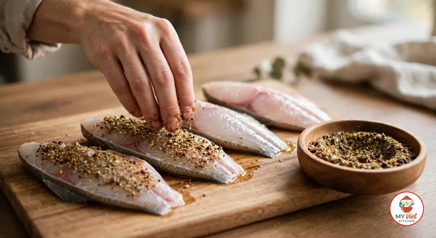 Pressing bush spice blend into the flesh of raw skin-on barramundi fillets with the fingertips on a wooden cutting board, two fillets coated with the speckled blend and two still bare, a wooden bowl of the spice blend beside the board
