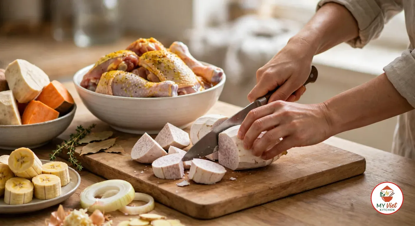 Cutting a peeled taro root, white with fine purple flecks, into large chunks with a chef's knife on a wooden cutting board, a white bowl of bone-in chicken pieces rubbed with turmeric and black pepper, a bowl of yam and orange sweet potato chunks, a plate of thick plantain rounds, onion rings, garlic, ginger coins, thyme and bay leaves around it