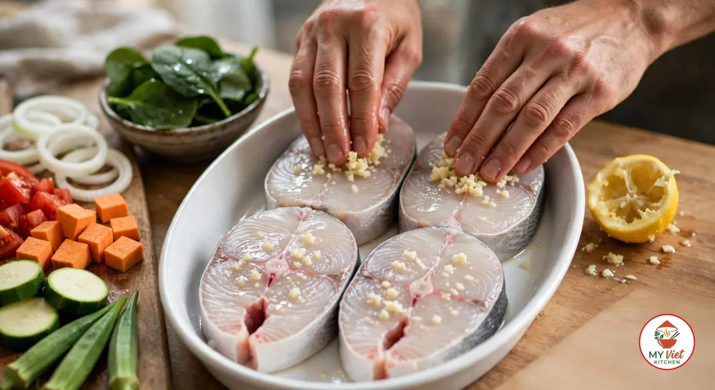 Rubbing crushed garlic onto four thick raw white fish steaks in a white oval dish glistening with lemon juice, next to a squeezed lemon half, a cutting board of onion rings, chopped tomato, sweet potato cubes, zucchini rounds and okra, and a bowl of spinach