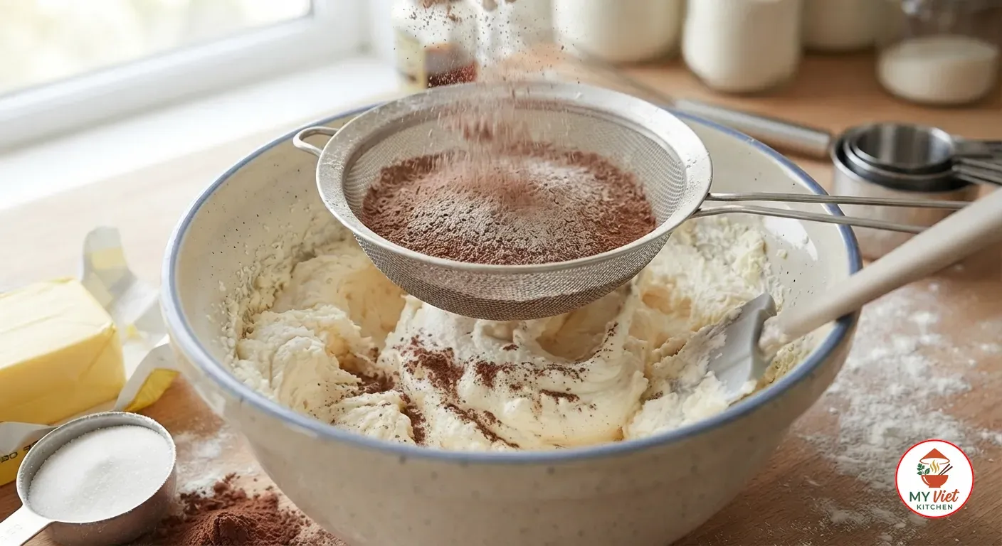 Sifting cocoa powder and flour through a sieve into the creamed butter mixture