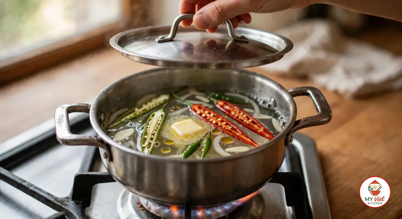 A hand lowering a stainless-steel lid over a small two-handled pot on a gas burner, split green and red chilies, onion and garlic simmering in clear water with a melting pat of butter