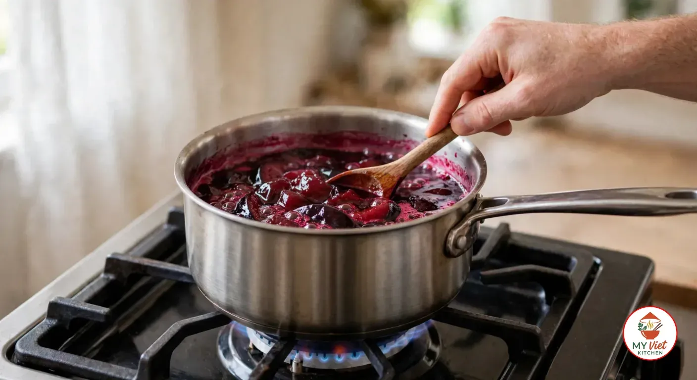 A hand stirring a bubbling, deep purple pulp of collapsed Davidson plum halves and soft skins with a wooden spoon in a stainless steel saucepan over a low gas flame