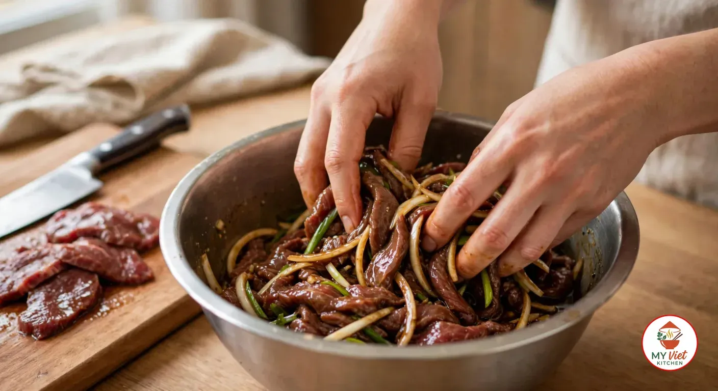 Mixing thin strips of beef by hand with thinly sliced white onion and pieces of green onion in the dark soy and pear marinade in a large stainless steel bowl, with a chef's knife and a few more thin slices of beef on a wooden cutting board beside it