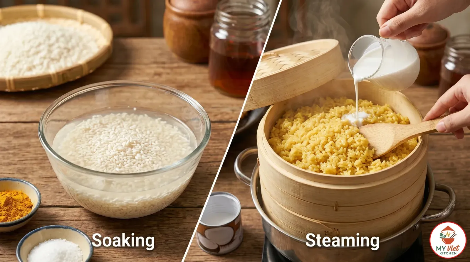 Step 2- Soak and Steam the Sticky Rice