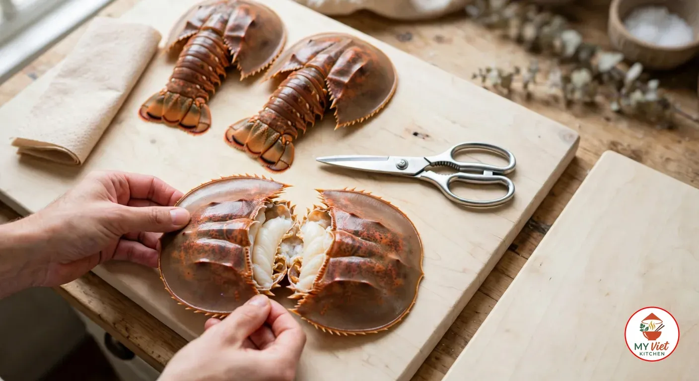 Hands opening a butterflied raw Balmain bug on a pale wooden board to show the white meat between its two toothed shell halves, with two whole reddish-brown bugs, kitchen scissors and a folded paper towel beside it