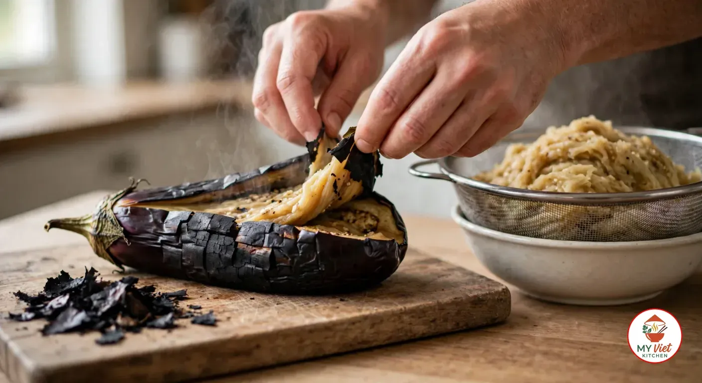 Peeling blackened skin from a split, charred eggplant on a wooden board, beside a colander of peeled eggplant flesh draining over a ceramic bowl