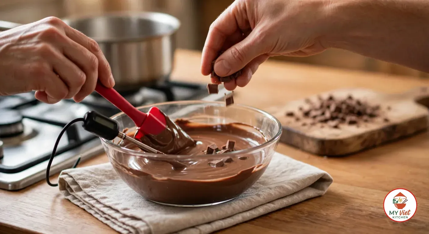 Stirring glossy melted milk chocolate with a red silicone spatula in a glass bowl set on a folded linen towel, while the other hand drops chopped chocolate in from a wooden board, with a probe thermometer in the bowl and a saucepan on the hob behind