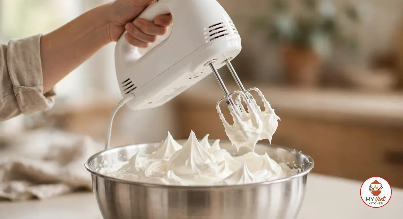 Lifting a hand mixer out of a steel bowl of whipped cream standing in stiff peaks