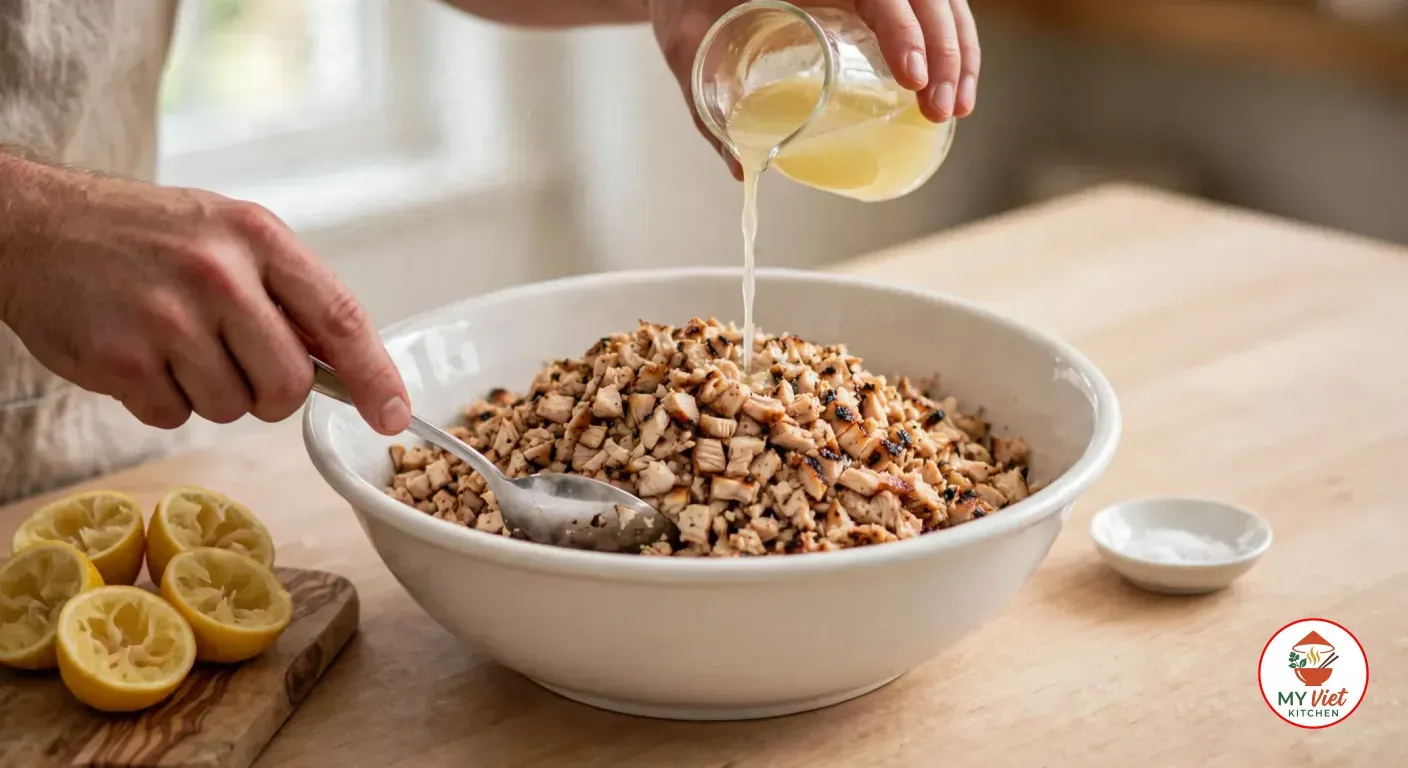 A hand pouring lemon juice from a small glass jug over finely chopped grilled chicken in a large white bowl, with a spoon in the bowl, squeezed lemon halves on a wooden board and a small dish of salt beside it