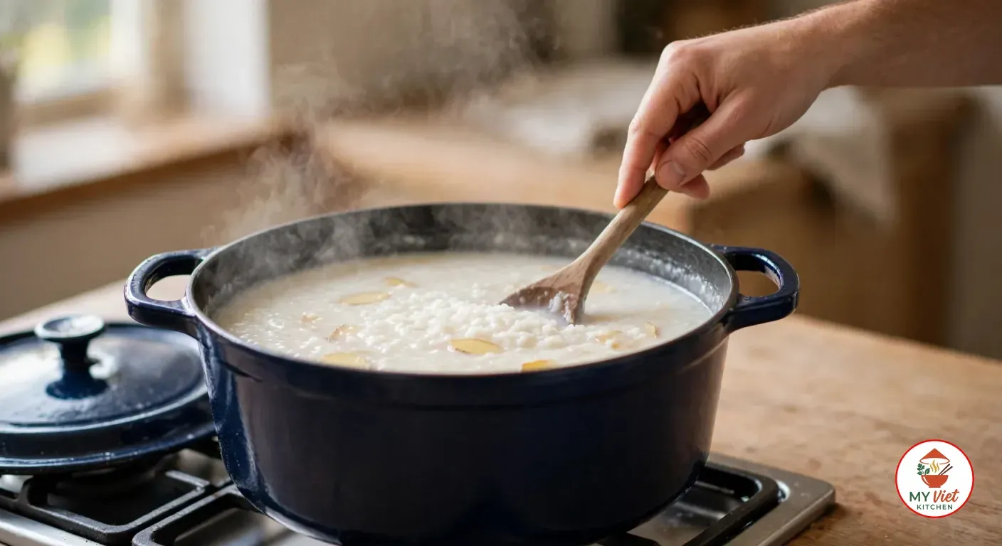 A hand stirring simmering rice congee with a wooden spoon in a dark blue enameled Dutch oven on a gas stove, the grains softening into a creamy porridge with ginger coins, the lid beside the pot