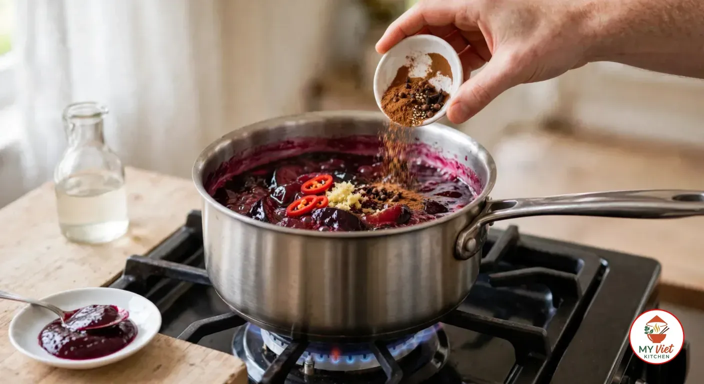 A hand tipping a small white dish of ground cinnamon and cloves into thick purple plum pulp in a stainless steel saucepan on a gas flame, with red chili slices and grated ginger on top, a bottle of vinegar and a saucer of test sauce beside the stove