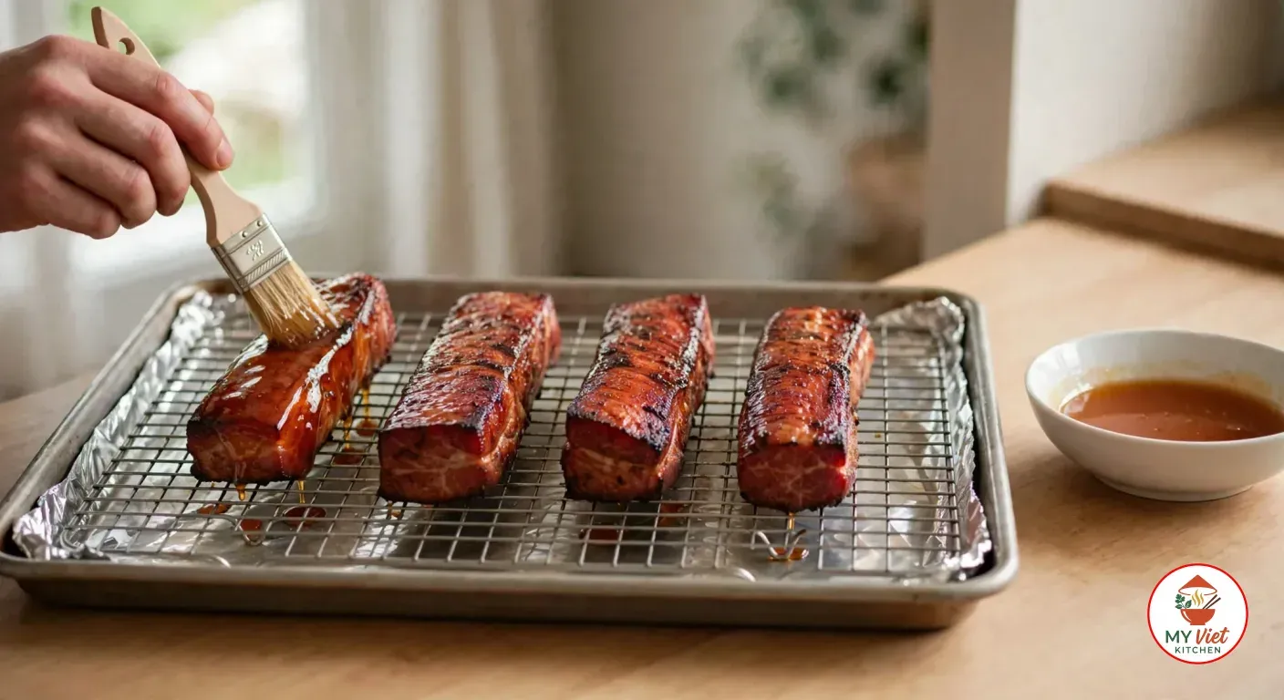 A hand brushing glossy amber glaze over one of four roasted char siu strips with darkened edges on a wire rack over a foil-lined baking tray, beside a small bowl of glaze