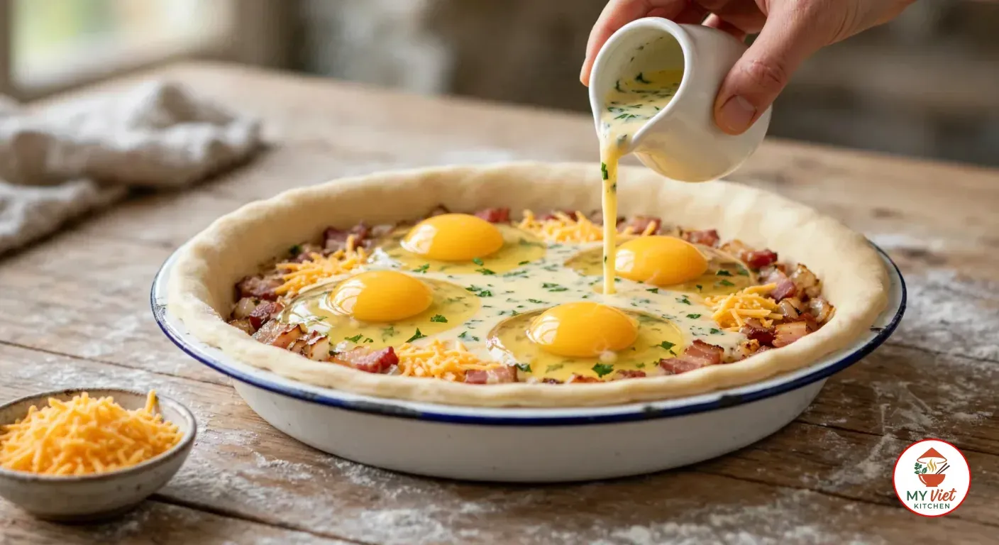 Pouring a parsley-flecked egg and cream custard from a small white jug around four whole raw eggs on bacon, onion and grated cheddar in the pastry-lined enamel dish, with a bowl of grated cheddar beside it