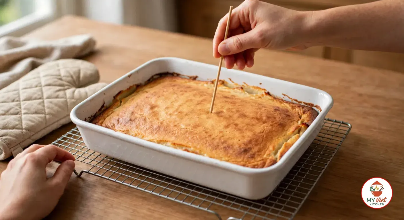 Testing a golden baked cassava cake with a wooden skewer in a white rectangular baking dish on a wire rack, beside a quilted oven mitt on a wooden counter