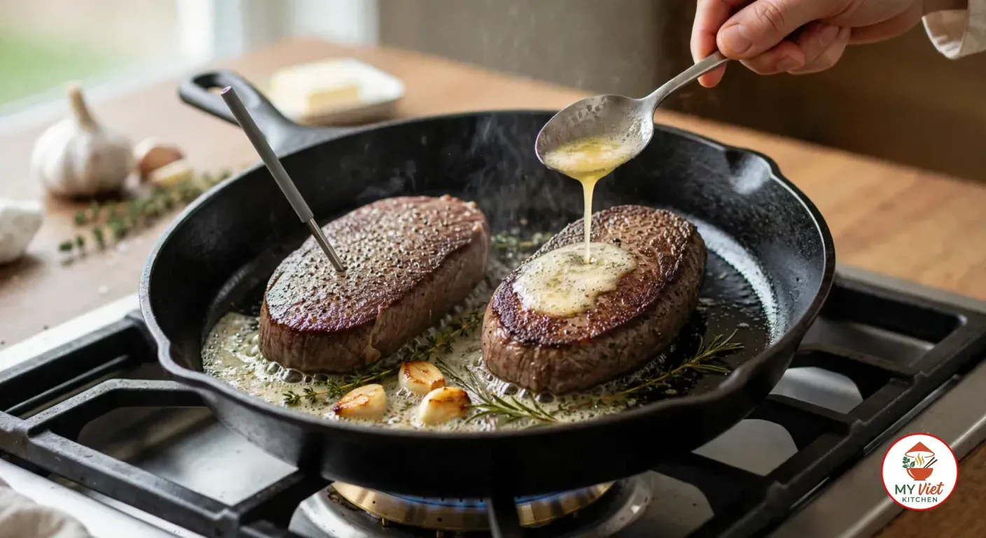 A hand spooning foaming melted butter over two seared emu steaks in the black cast-iron skillet on a gas burner, a thermometer probe pushed into one steak and golden garlic cloves, thyme and rosemary sizzling in the butter