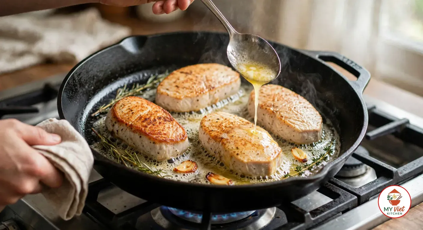 One hand tilting a cast-iron skillet with a kitchen towel while the other spoons foaming butter over four golden crocodile tail steaks, with garlic cloves, rosemary and thyme in the pan