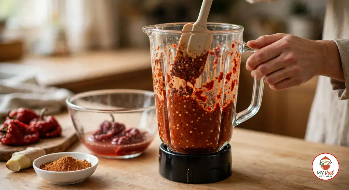 A hand holding a glass blender jar of thick, seed-flecked brick-red pepper paste as a spatula scrapes down the sides, beside the soaking bowl, softened dried peppers on a board, a piece of ginger and a small bowl of ground crayfish