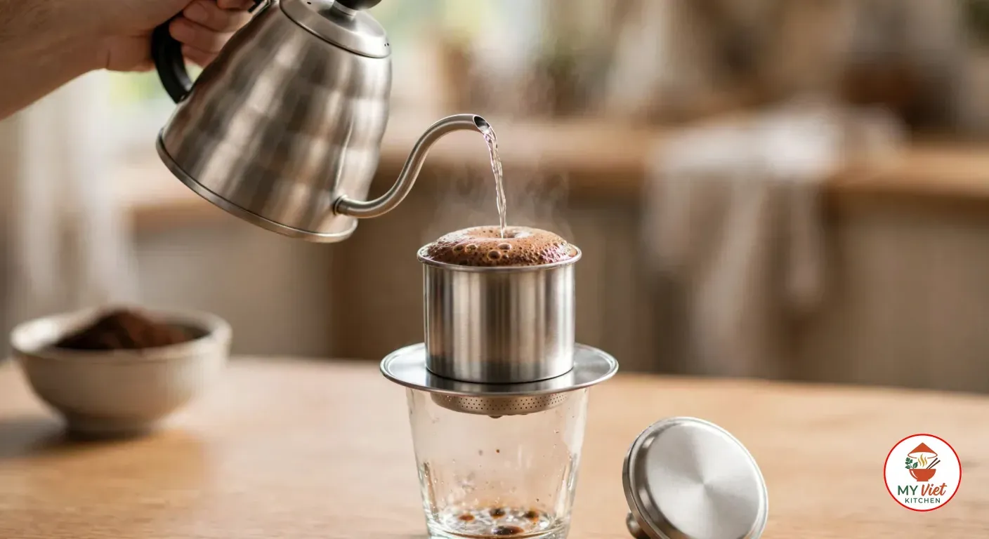 Hot water poured from a gooseneck kettle onto the coffee grounds in the phin, the grounds swelling into a bubbly, foamy bloom
