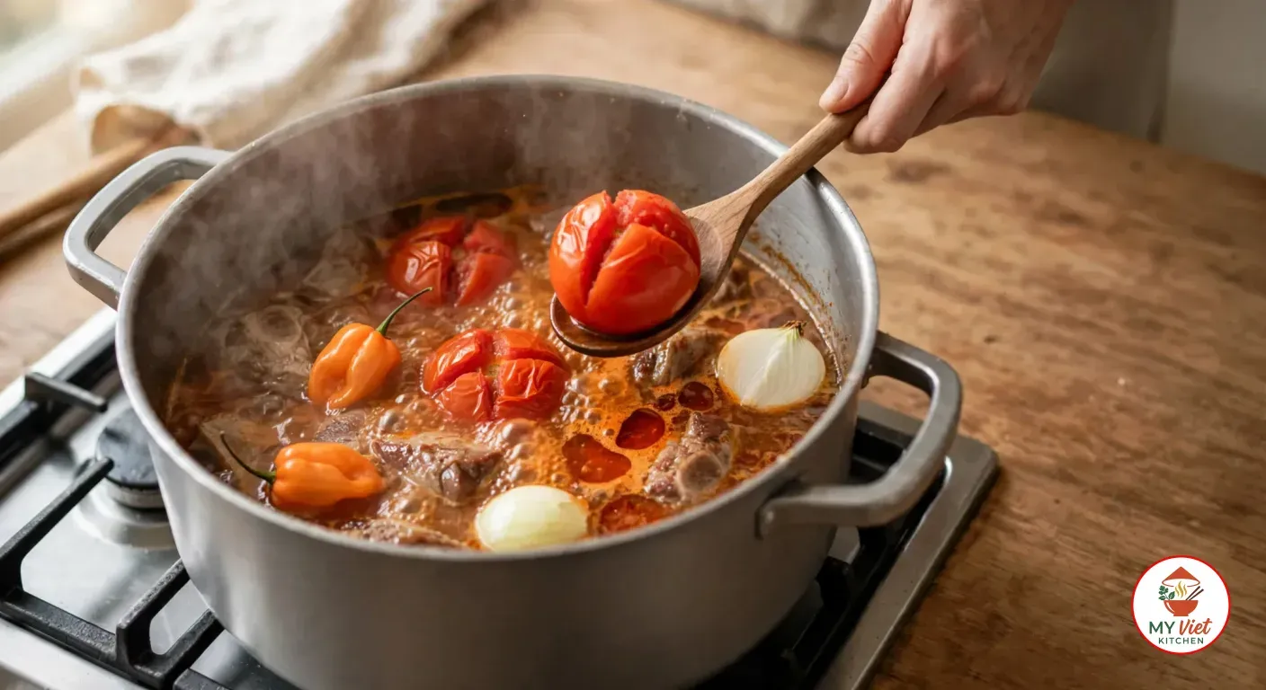 A hand lowering a whole tomato with a split skin on a wooden spoon into the boiling reddish-orange soup, with goat, two split tomatoes, onion halves and two orange habaneros in the pot and small pools of red oil on top