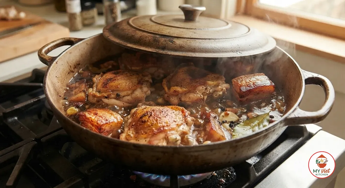 Chicken and pork braising in adobo sauce with bay leaves under a lid on the stove