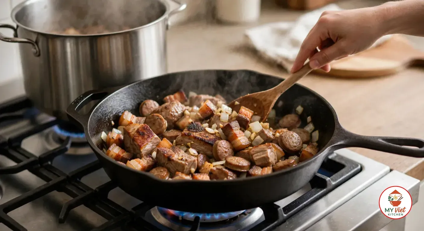 Stirring browned chunks of pork shoulder, crisp cubes of pork belly, rounds of linguiça and softened diced onion and garlic with a wooden spoon in a black cast iron skillet over a blue gas flame, with the tall stainless steel stockpot steaming on the next burner