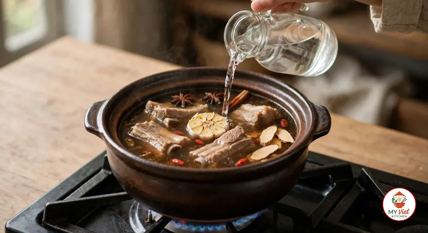 Pouring water from a glass jug into the dark brown clay pot of blanched pork ribs, halved garlic, star anise, cinnamon, angelica root slices and goji berries, set over a low gas flame
