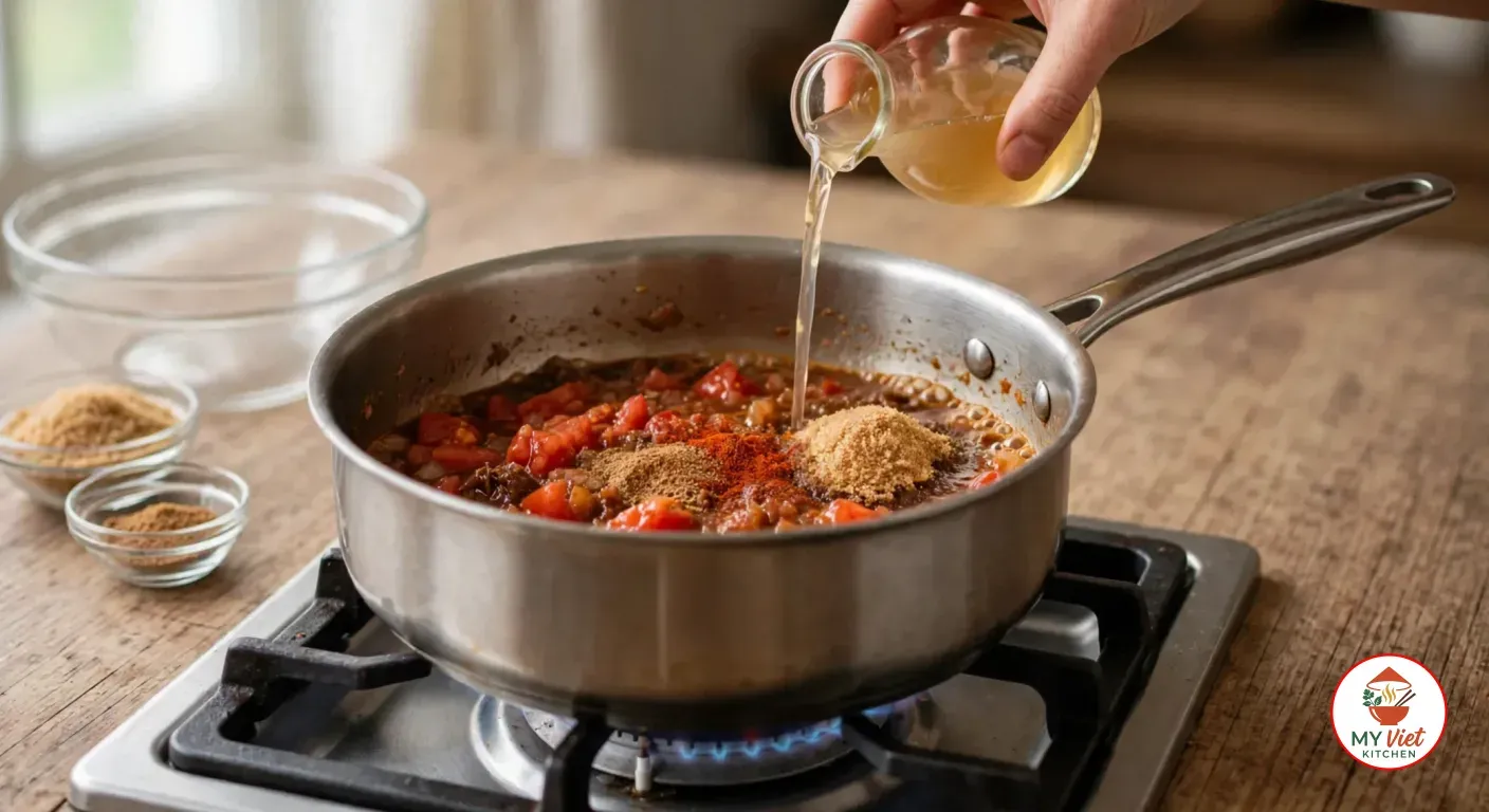 Pouring apple cider vinegar from a small glass jug into the stainless steel saucepan over chopped fresh tomatoes, onion and rehydrated bush tomatoes topped with mounds of brown sugar, ground spices and red smoked paprika, with small glass bowls of spices and the empty soaking bowl on the wooden counter