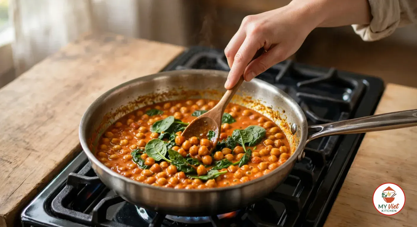 Stirring fresh baby spinach into a chickpea curry in a thick orange-red sauce with a wooden spoon, in the same stainless-steel saute pan on a gas burner
