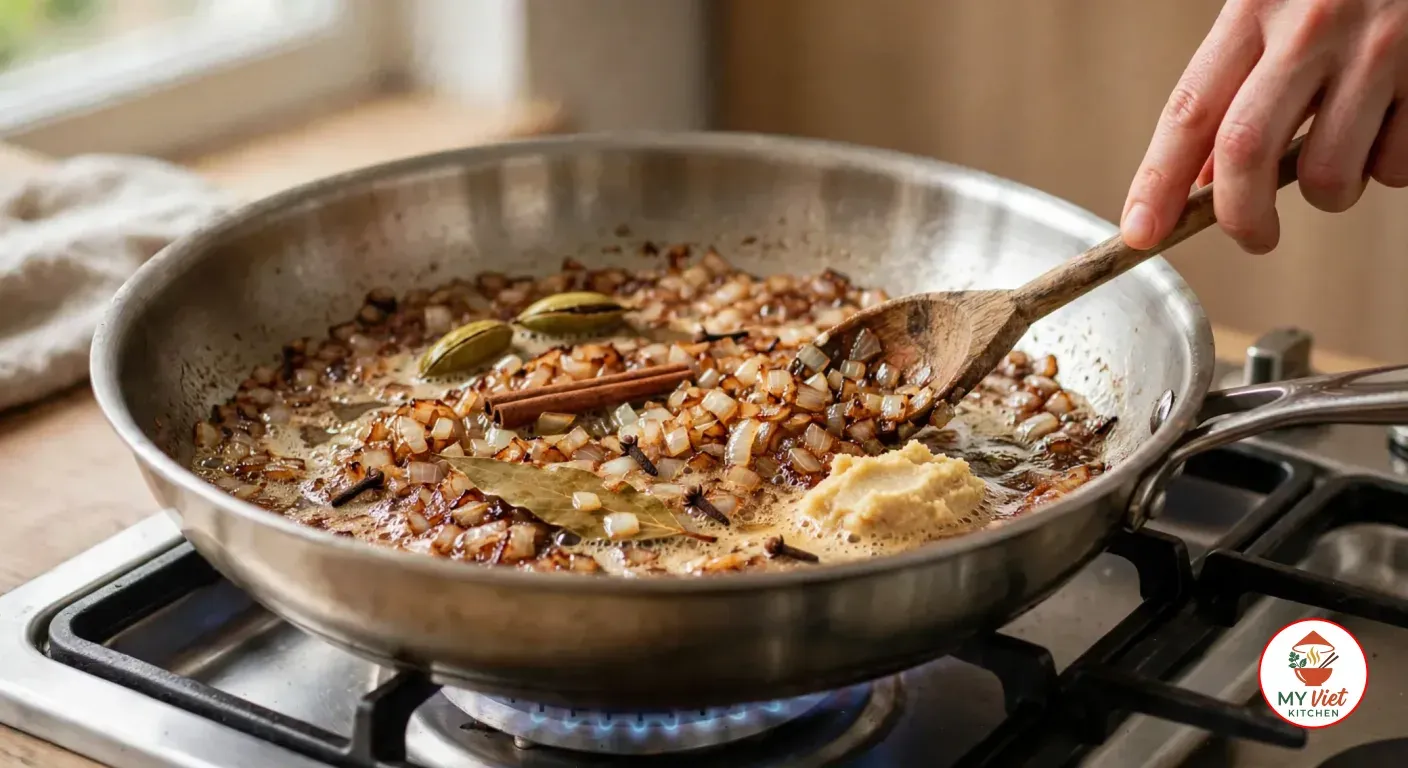 Stirring deep golden diced onion with a wooden spoon in foaming butter in the stainless steel sauté pan, with green cardamom pods, a cinnamon stick, whole cloves, a bay leaf and a spoonful of ginger-garlic paste over a blue gas flame