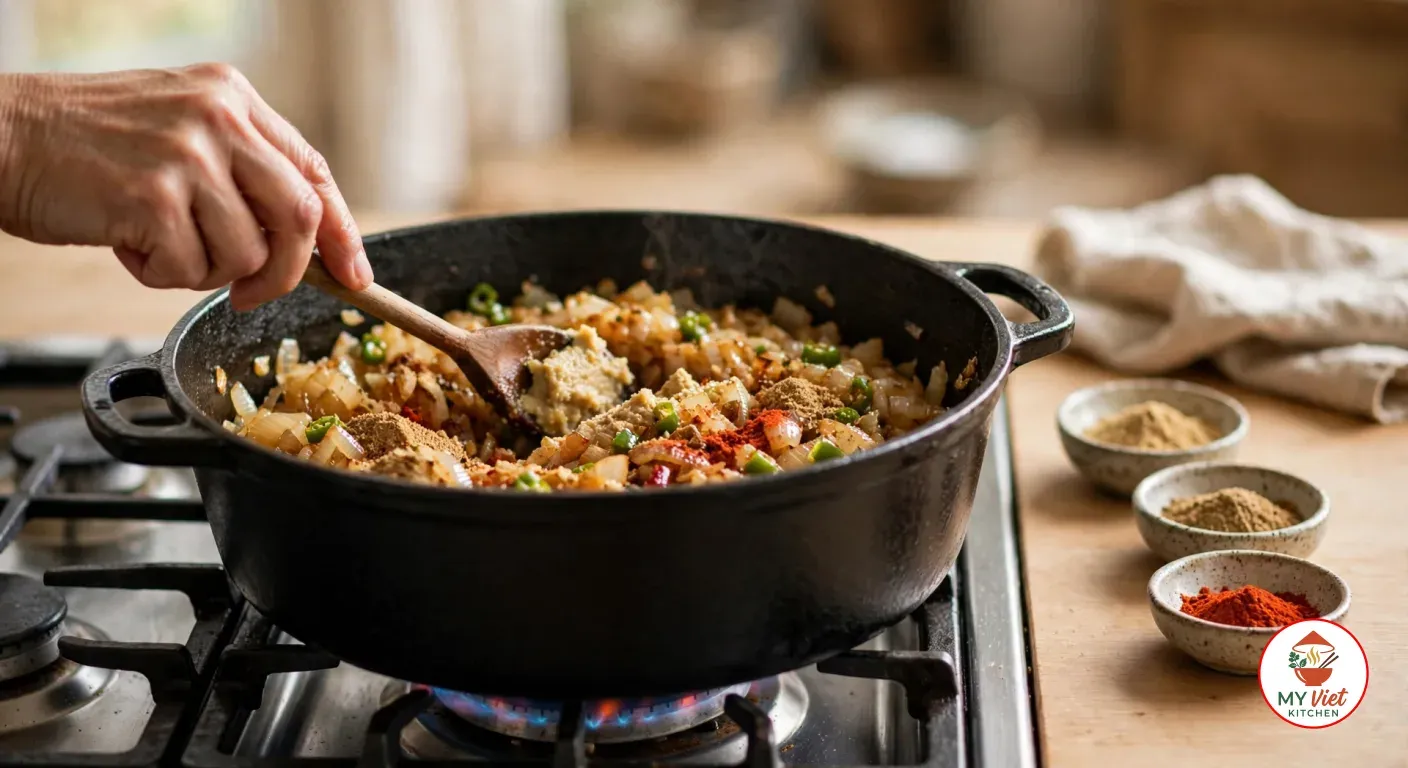 A hand stirring golden chopped onions with green chili, ginger-garlic paste and ground spices with a wooden spoon in a black cast-iron Dutch oven on a gas stove, beside small bowls of ground spices