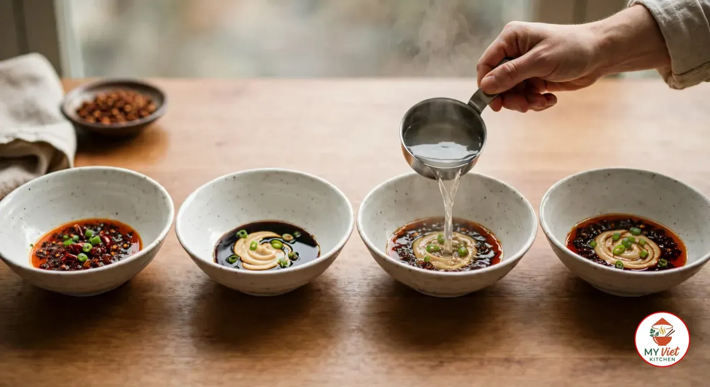 Four white speckled bowls on a wooden table holding layers of dan dan sauce, red chili oil with flakes, dark soy, swirls of sesame paste and sliced green onion, while a hand pours hot stock from a small steel cup into the third bowl