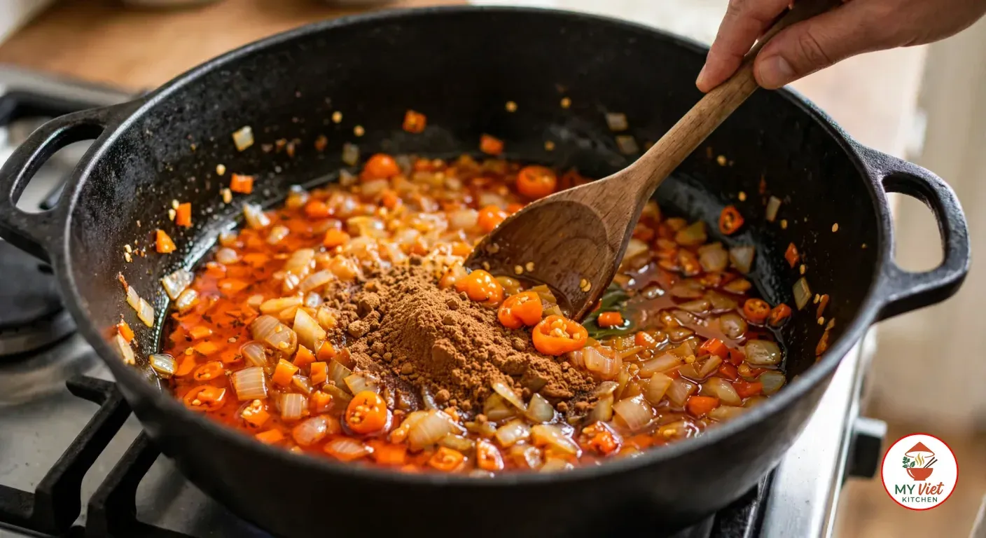 Stirring diced onions, chopped habanero and ground crayfish in orange-red palm oil with a wooden spoon in a black cast-iron pot on the stove
