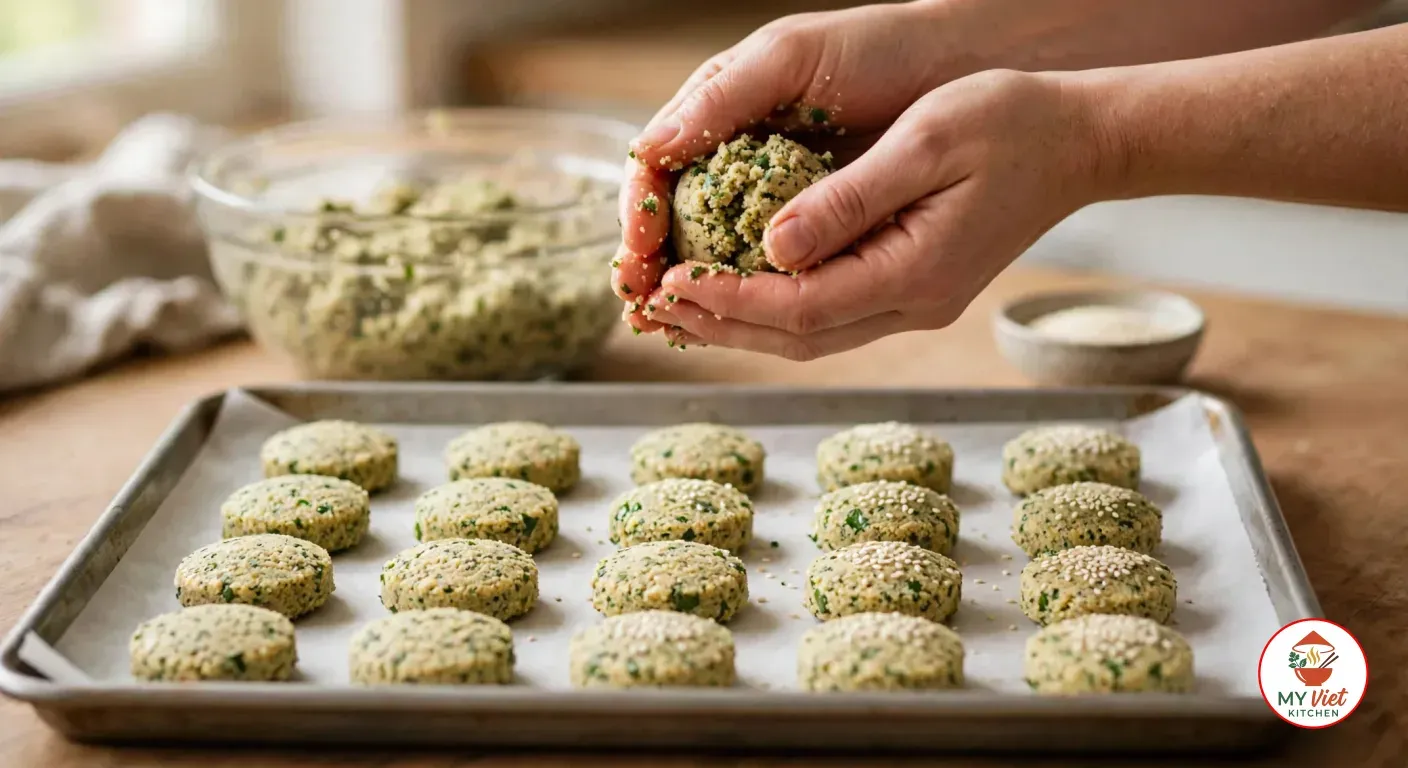 Two hands pressing a ball of raw, herb-speckled falafel mixture above a parchment-lined baking sheet of shaped raw falafel discs, some topped with sesame seeds, with the bowl of mixture and a dish of sesame seeds behind