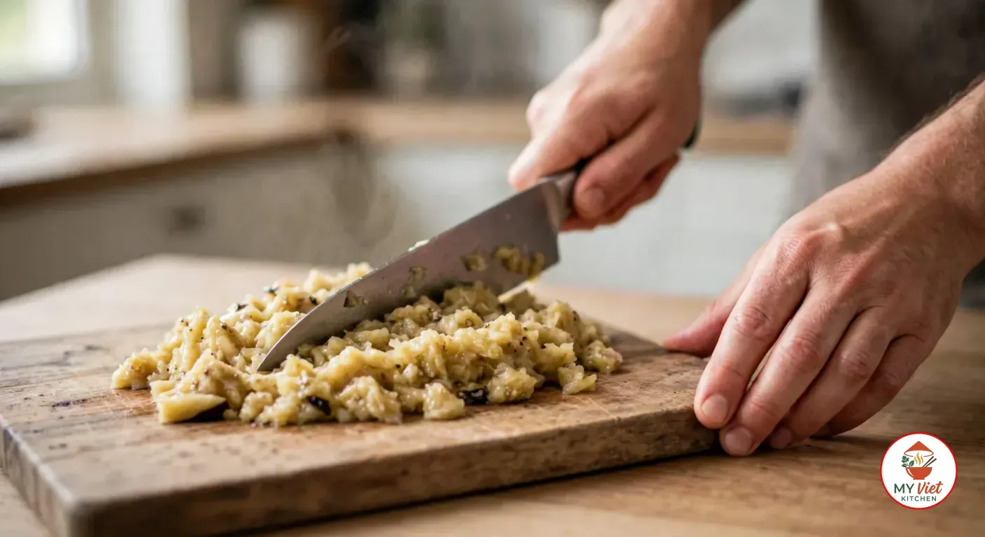 Rough-chopping a heap of peeled roasted eggplant flesh with a chef's knife on a worn wooden cutting board