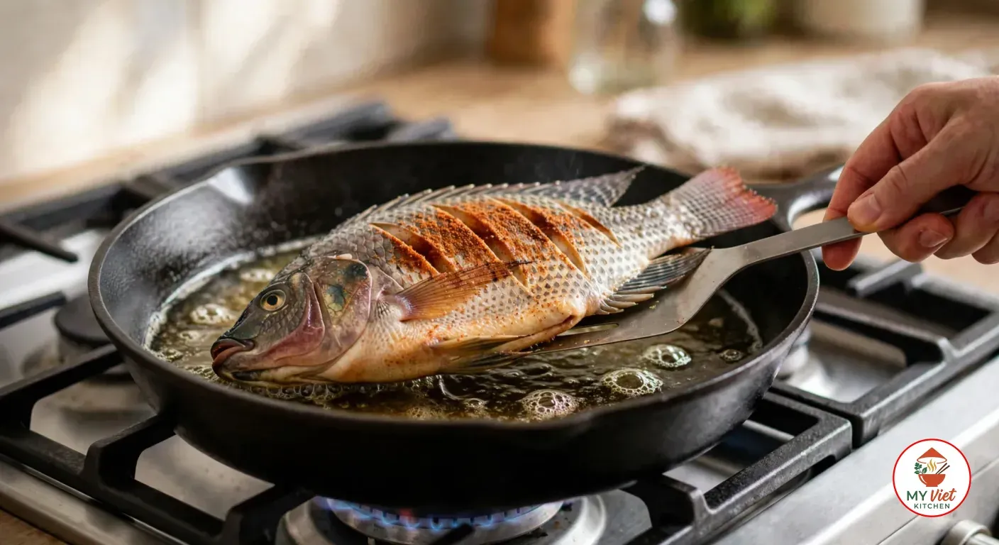 Sliding a wide metal spatula under a whole scored fish frying in a thin layer of oil in a black cast-iron skillet on a gas burner, its top side still showing the paprika rub in the cuts
