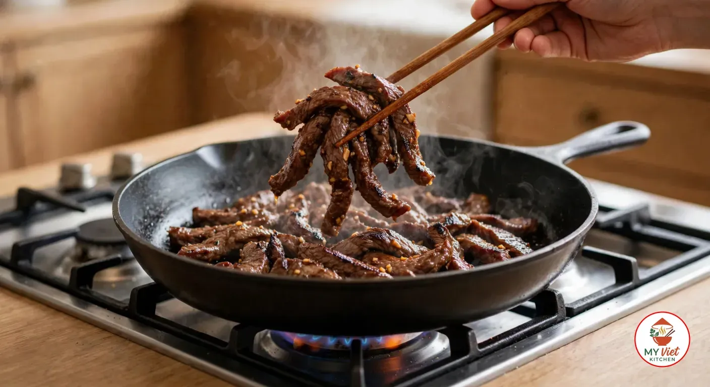 Lifting caramelized marinated beef strips with wooden chopsticks from a black cast-iron skillet on a gas stove, more seared beef sizzling in the pan as steam rises