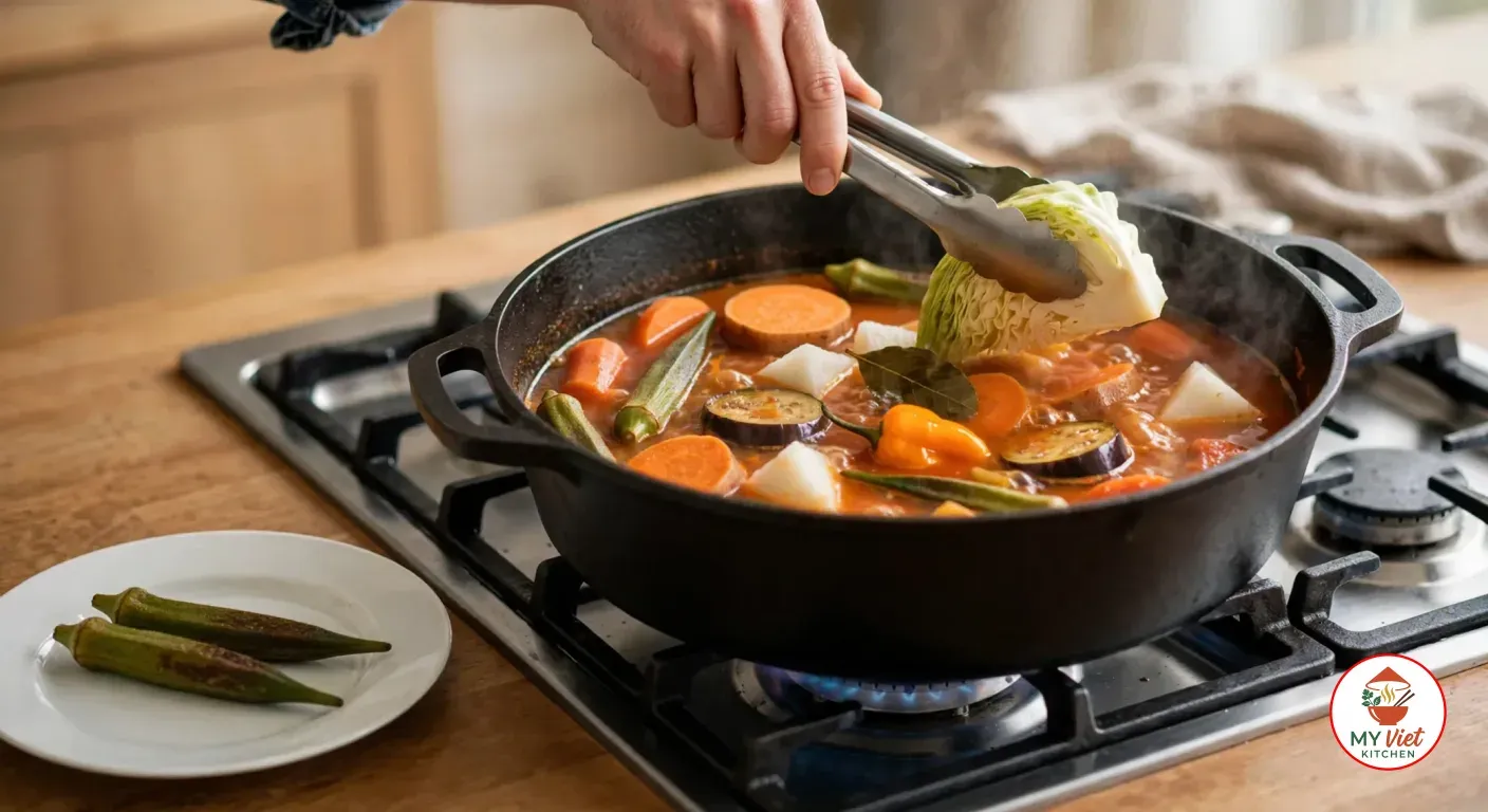 Lifting a wedge of cabbage with metal tongs from a simmering orange-red tomato broth in a wide black cast-iron pot, with carrots, sweet potato, eggplant rounds, cassava chunks, okra, a scotch bonnet pepper and a bay leaf in the broth, and two cooked okra pods on a white plate beside the stove