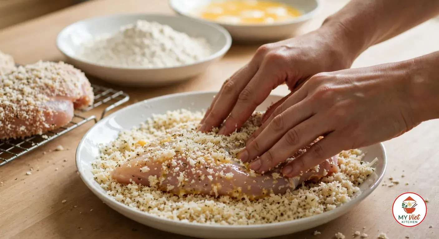 Two hands pressing a raw chicken breast into a white bowl of panko breadcrumbs mixed with grated Parmesan and dried oregano, with bowls of flour and beaten egg behind and a crumbed breast on a wire rack to the side