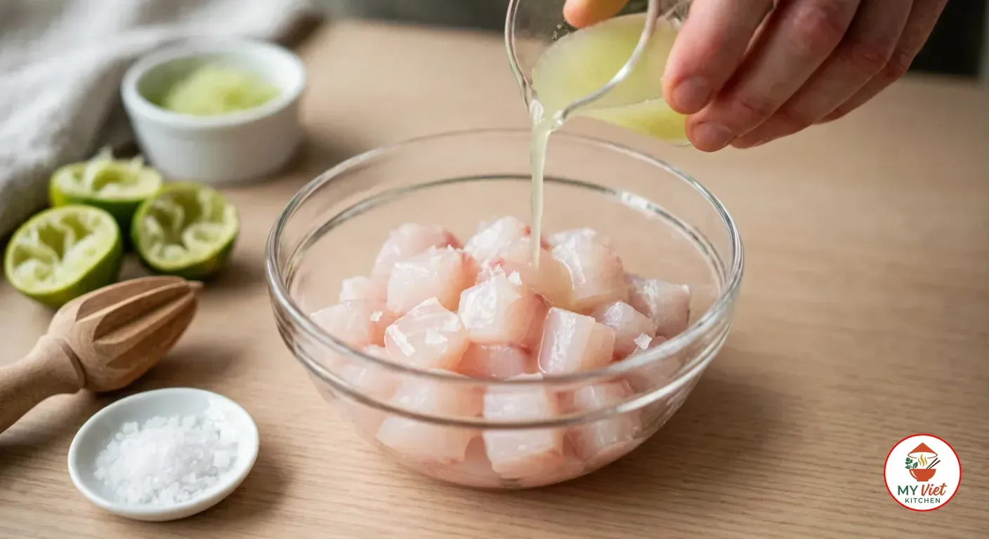 A hand pouring fresh lime juice from a small glass jug over salted cubes of raw kingfish in a clear glass bowl, with squeezed lime halves, a wooden reamer, a dish of sea salt flakes and the ramekin of finger lime pearls behind