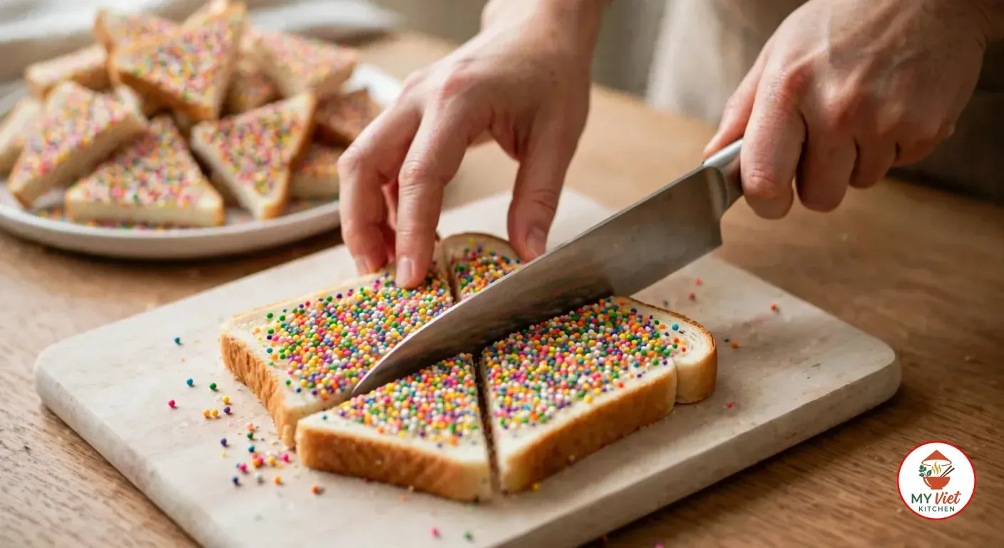 Hands cutting a sprinkle-coated slice of white bread into triangles with a chef's knife on a pale wooden board, a plate of finished triangles with crusts on behind it