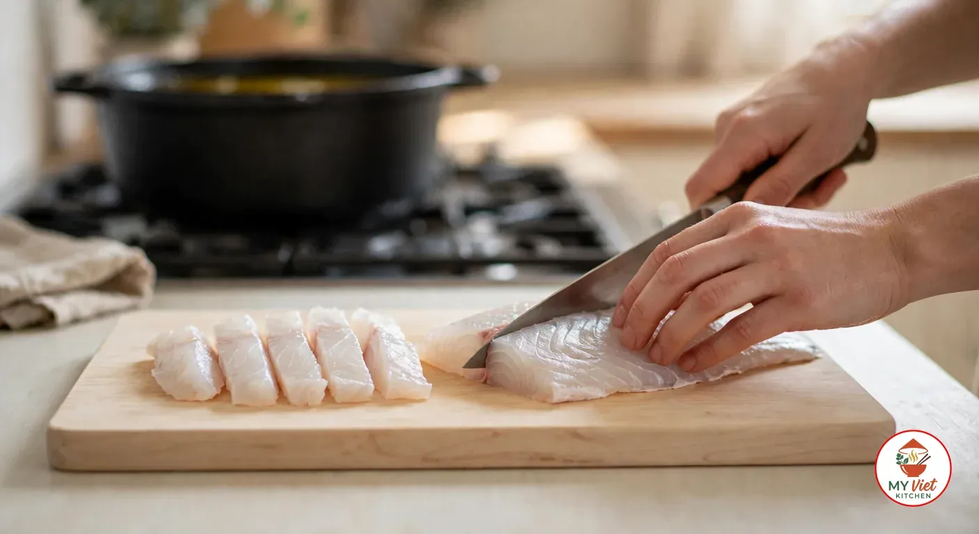 Two hands cutting a skinless white barramundi fillet into even strips with a chef's knife on a pale wooden board, with a black cast-iron pot of oil on the stove behind
